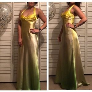 Satin ombré yellow and green formal dress w train